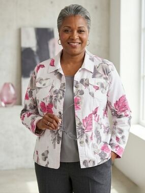 AMI Pink Gray Floral Cotton Pockets Lightweight Causal Jacket Plus Size 2X